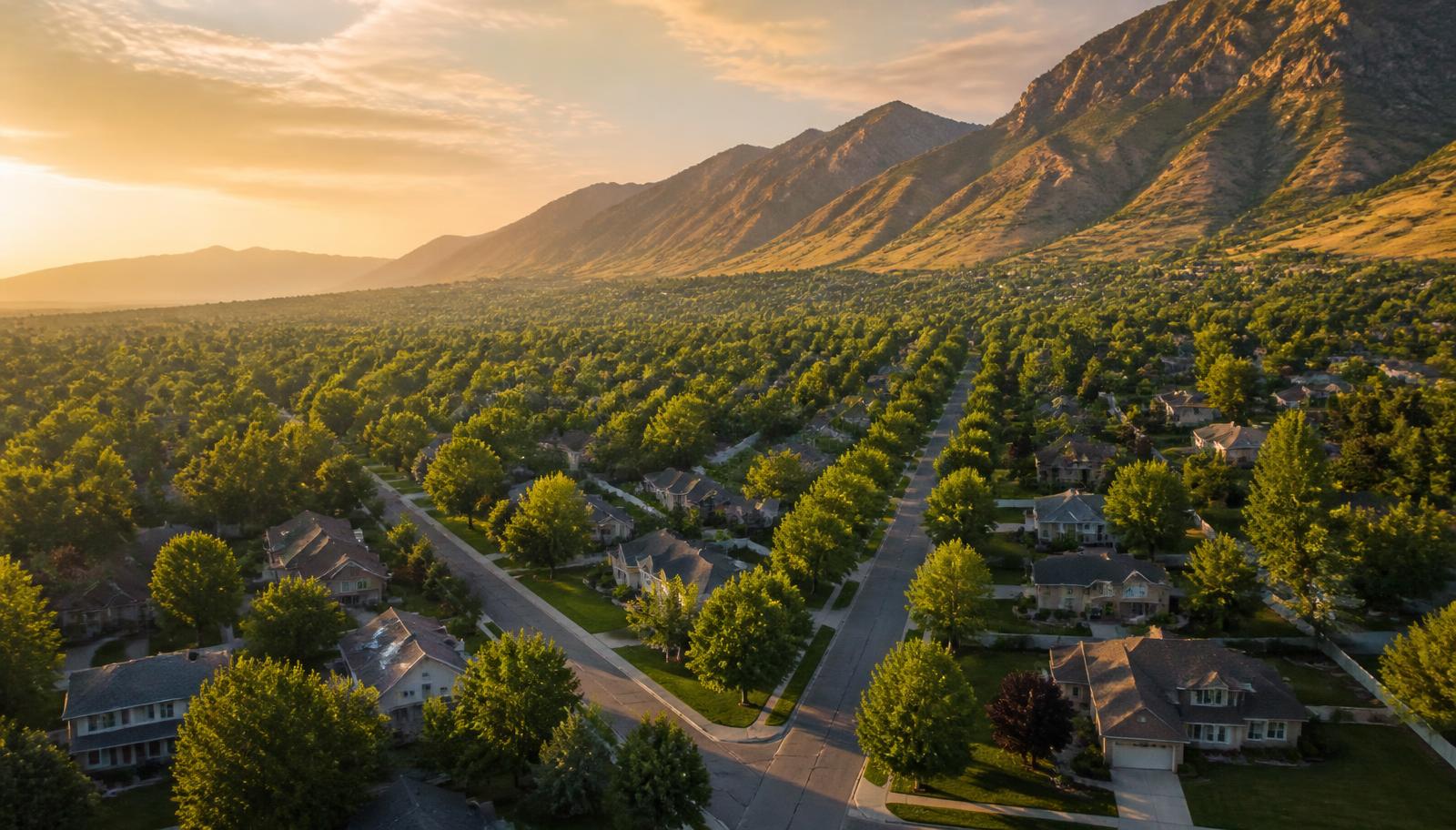 Golden-hour view over a Davis County neighborhood near Bountiful, Utah, with the Wasatch front behind.