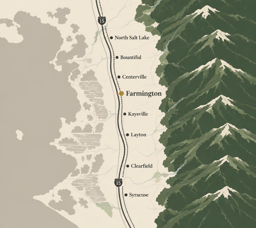 Illustrated map of the Davis County, Utah corridor from North Salt Lake to Syracuse, with Farmington highlighted at the center.