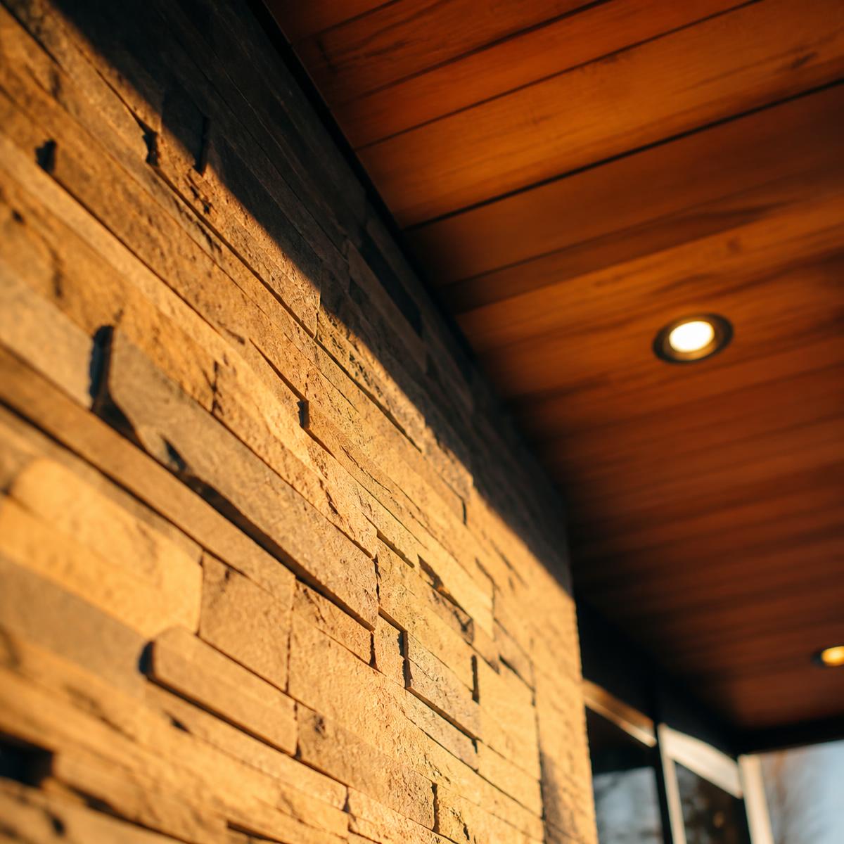 Close-up of warm stone veneer meeting a cedar soffit in golden light