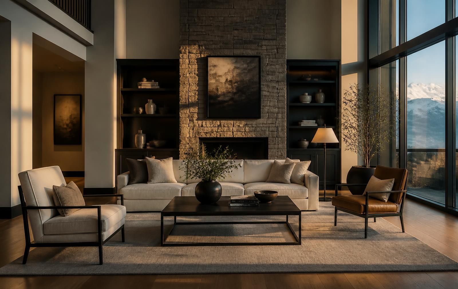 Staged living room with oak floors and soft afternoon light in a Utah home