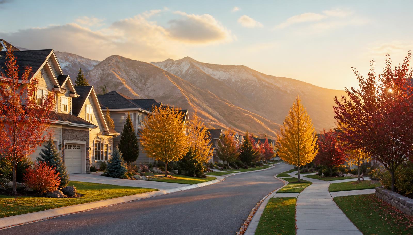 Tree-lined Farmington, Utah neighbourhood street at golden hour