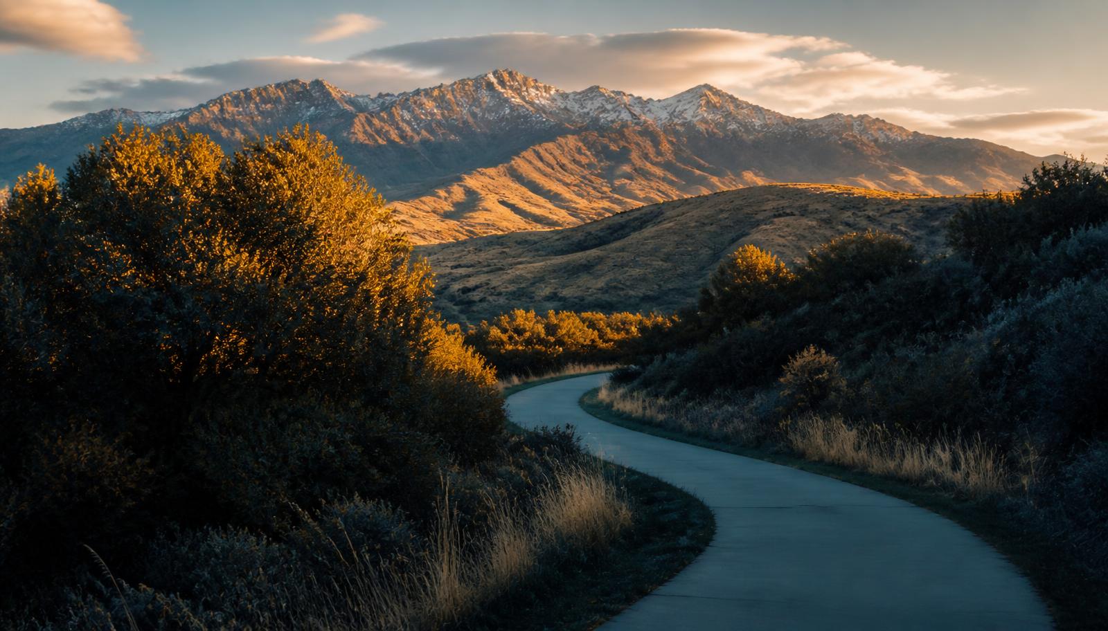 Paved foothill trail in Farmington, Utah at golden hour with the Wasatch Front glowing behind