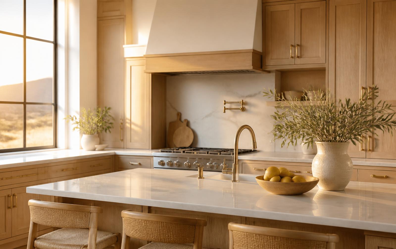 Sunlit staged kitchen in an upscale Utah home, white oak cabinetry and a quartz island.